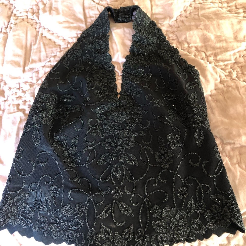 Black beaded zip up halter top